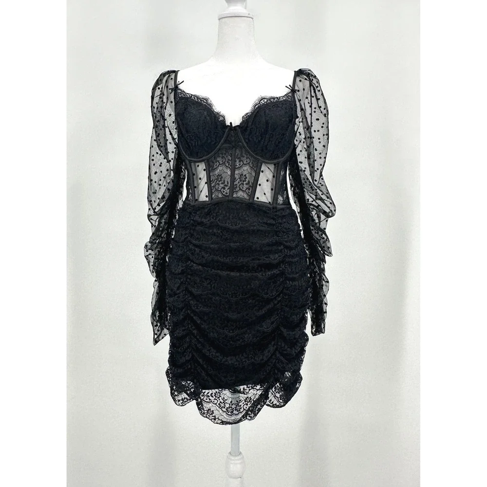 For Love & Lemons Black Lace Polka Dot Corset Sheer Ruched Mini Dress Womens L - Picture 2 of 11